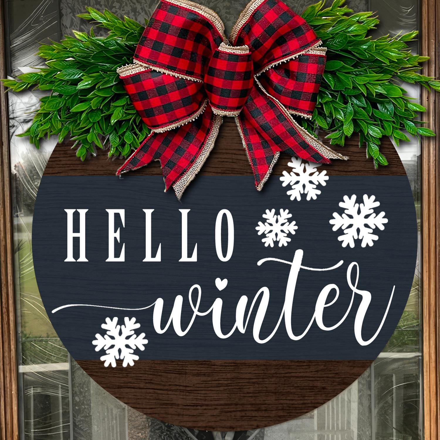 Rustic Hello Winter Door Sign with Buffalo Plaid Bow  Farmhouse Holiday Wreath for Winter Decor and Seasonal Front Door Hanger