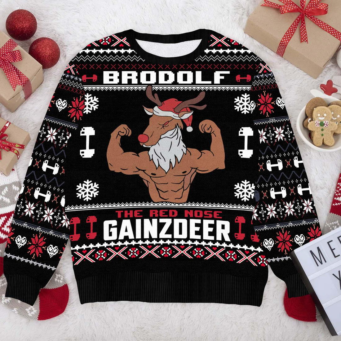 Funny Brodolf Gym Christmas Sweater - Red Nose Gainzdeer Holiday Pullover - Ugly Xmas Sweater for Hunt lover