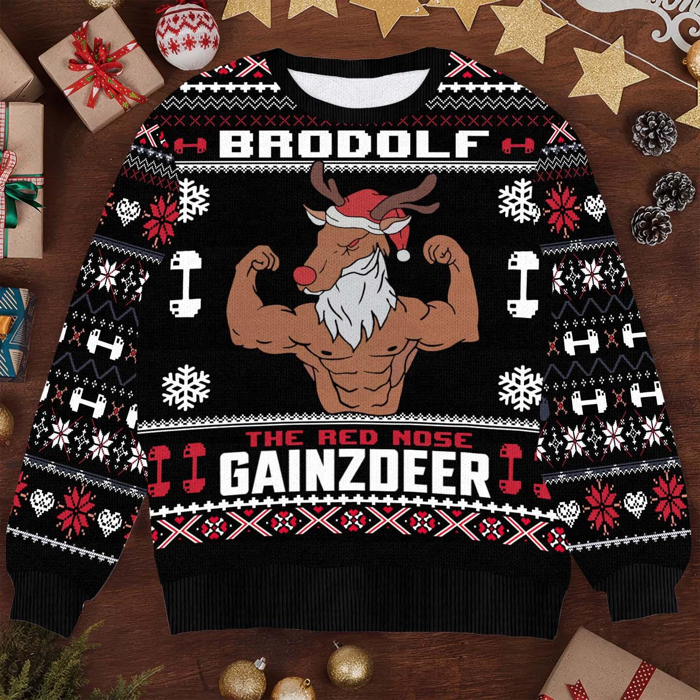 Funny Brodolf Gym Christmas Sweater - Red Nose Gainzdeer Holiday Pullover - Ugly Xmas Sweater for Hunt lover