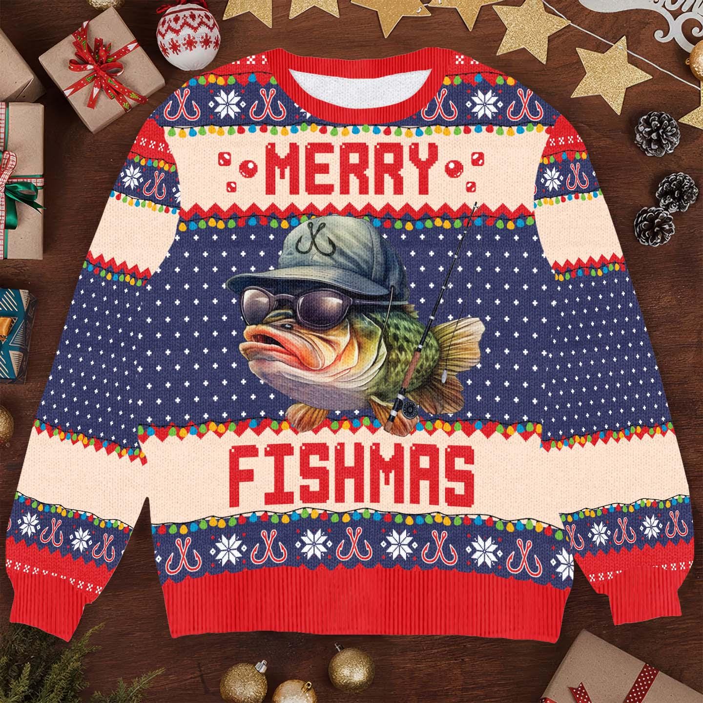 Merry Fishmas Christmas Sweater - Funny Fishing Holiday Ugly Xmas Sweater - Perfect Gift for Fishermen and Anglers