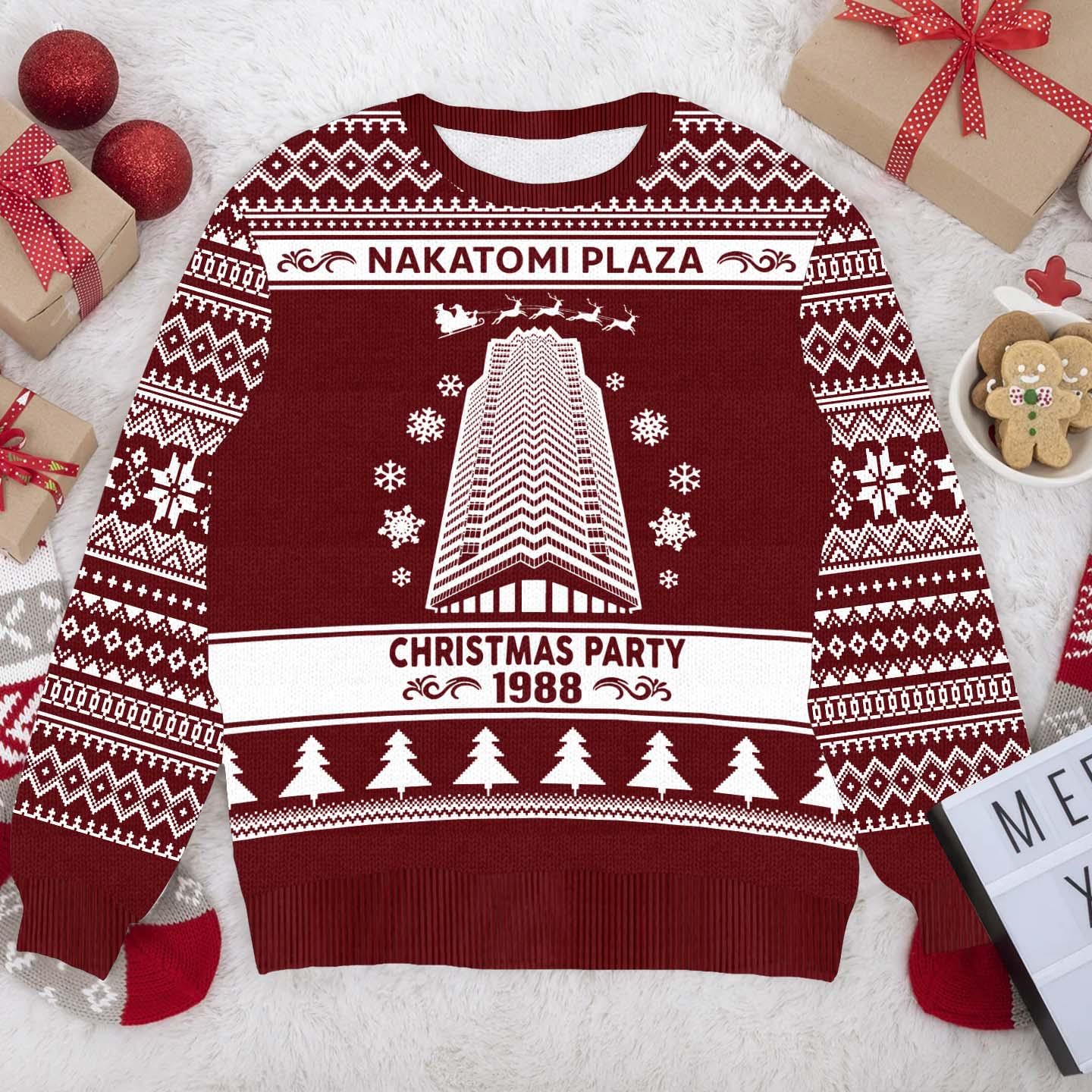 Nakatomi Plaza Christmas Party Sweater - Funny 1988 Die Hard Ugly Xmas Sweater - Holiday Pullover for Movie Fans