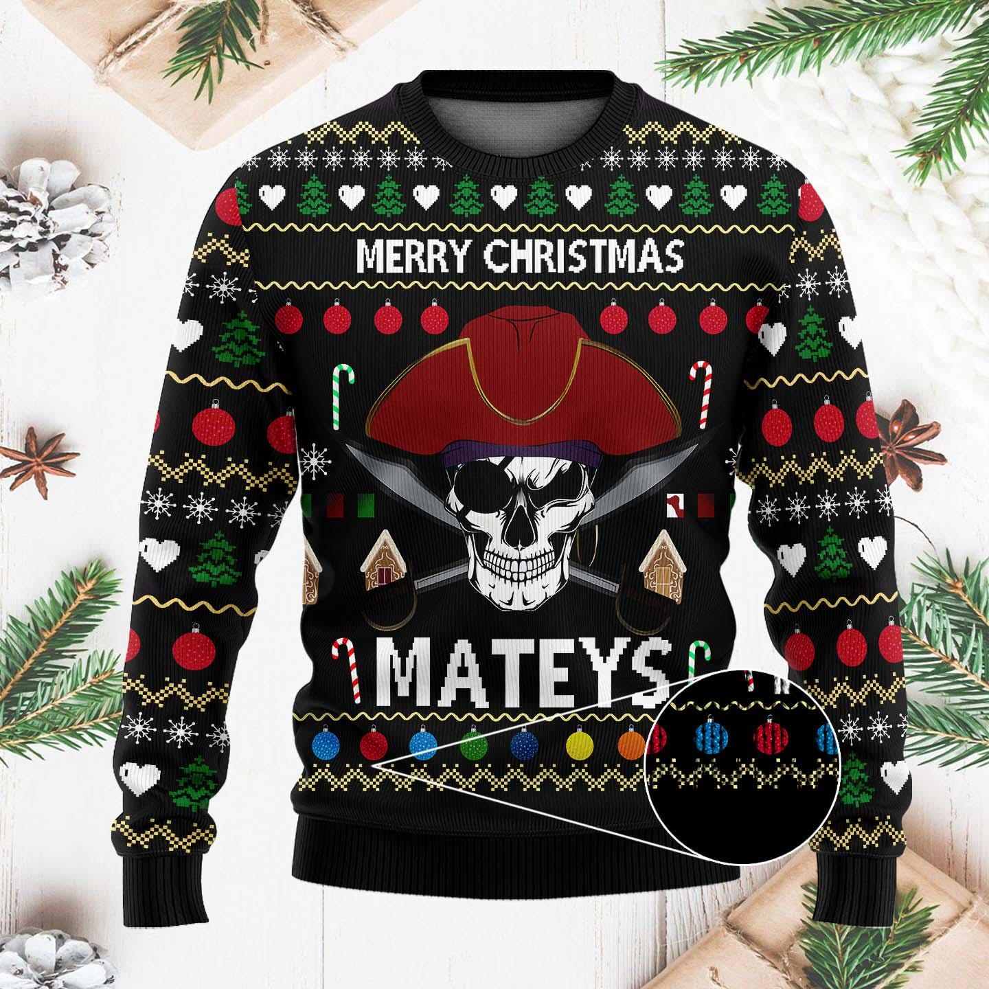 Funny Pirate Christmas Sweater - Merry Christmas Mateys Ugly Xmas Sweater - Holiday Pullover for Pirate Fans