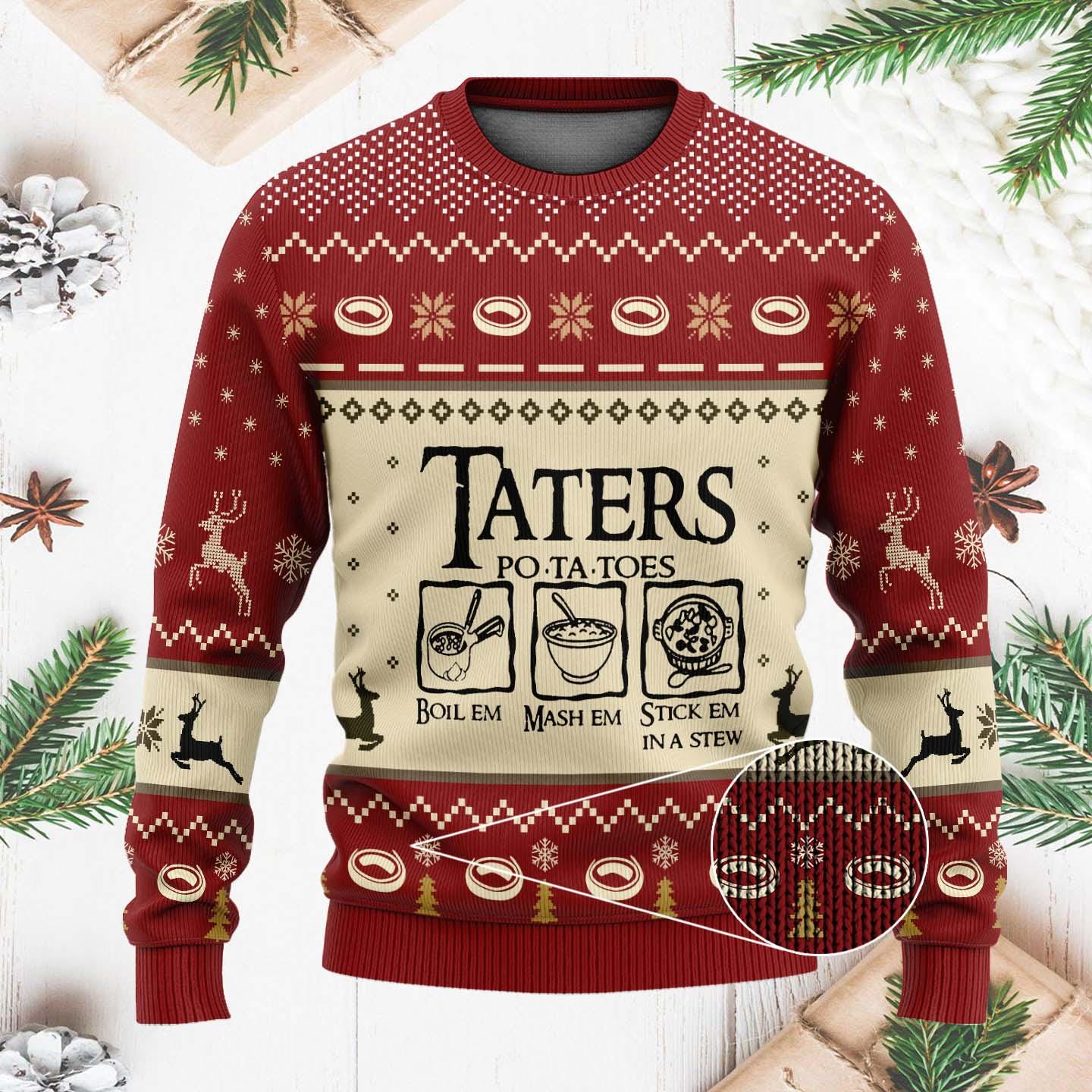 Funny Taters Ugly Christmas Sweater - Lord of the Rings Inspired Holiday Sweater - Boil Em Mash Em Stick Em in a Stew Gift Knit