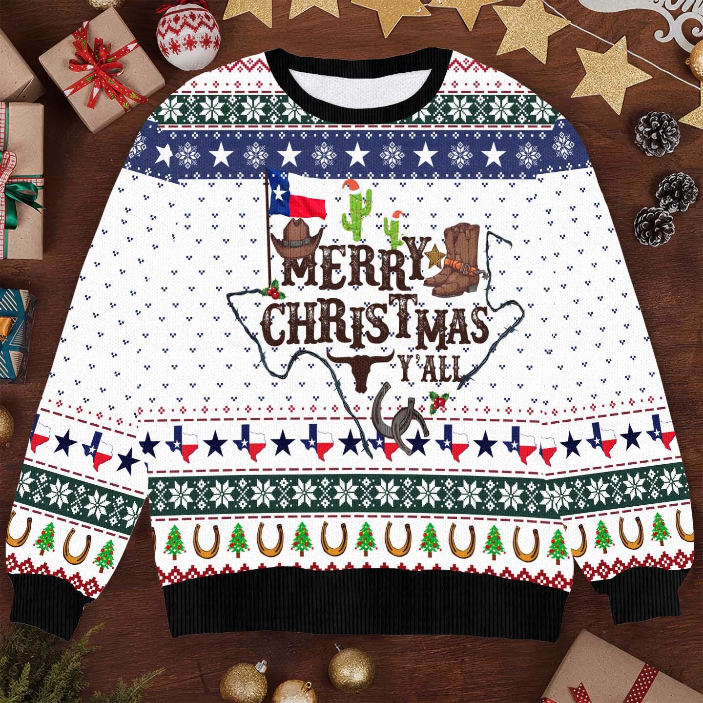 Merry Christmas Y'all Ugly Sweater - Texas Themed Holiday Knit - Western Cowboy Christmas Sweater with Cactus and Boots
