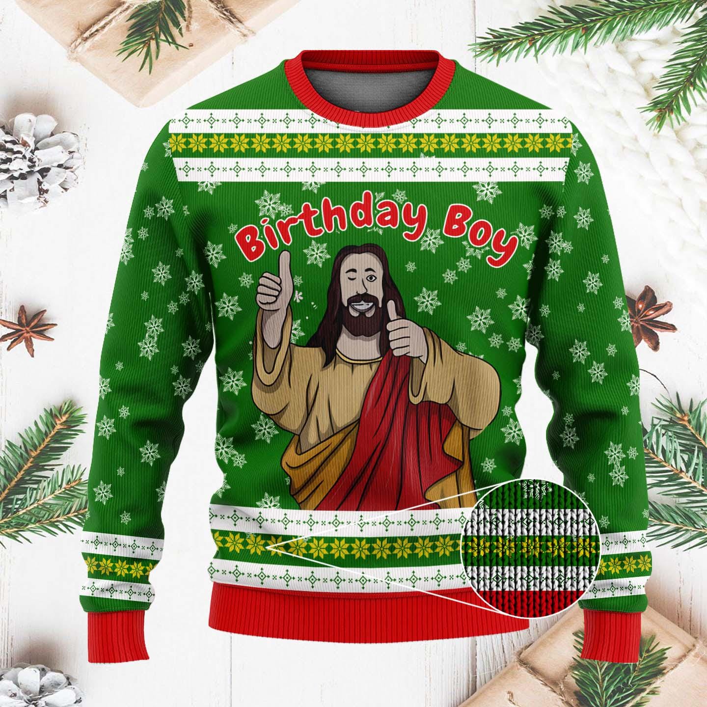 Birthday Boy Jesus Ugly Christmas Sweater - Funny Religious Holiday Knit - Festive Christmas Sweater for Men Women Celebration