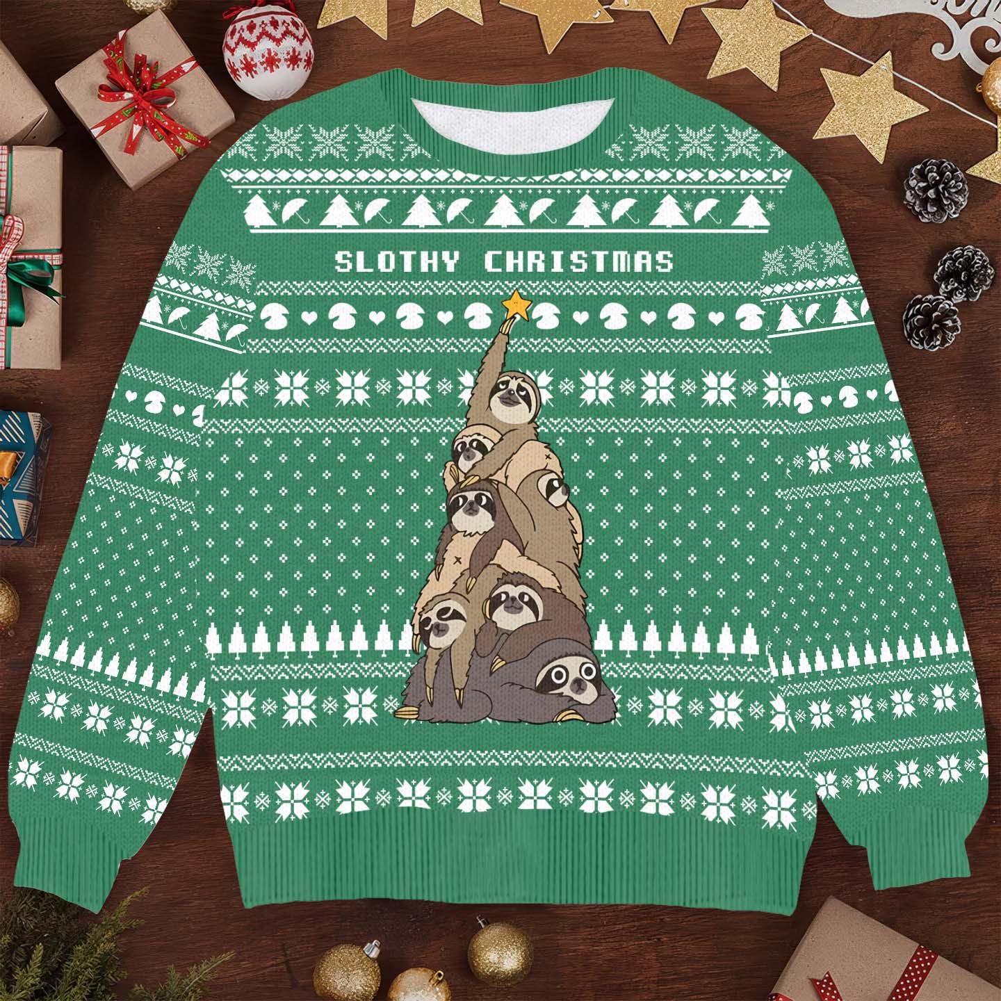 Slothy Christmas Ugly Sweater - Funny Holiday Knit with Sloth Tree Design - Cute and Festive Christmas Sweater for All Ages