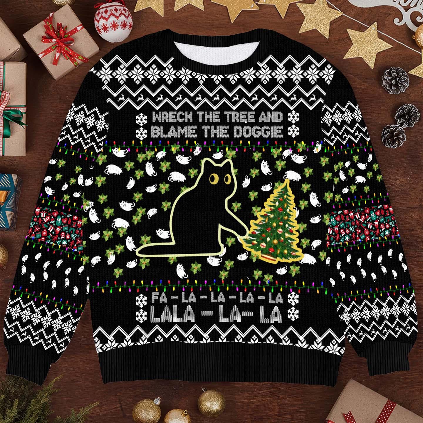 Wreck the Tree and Blame the Doggie Ugly Sweater - Funny Cat Christmas Knit - Festive Holiday Sweater for Cat Lovers and Pet Owners