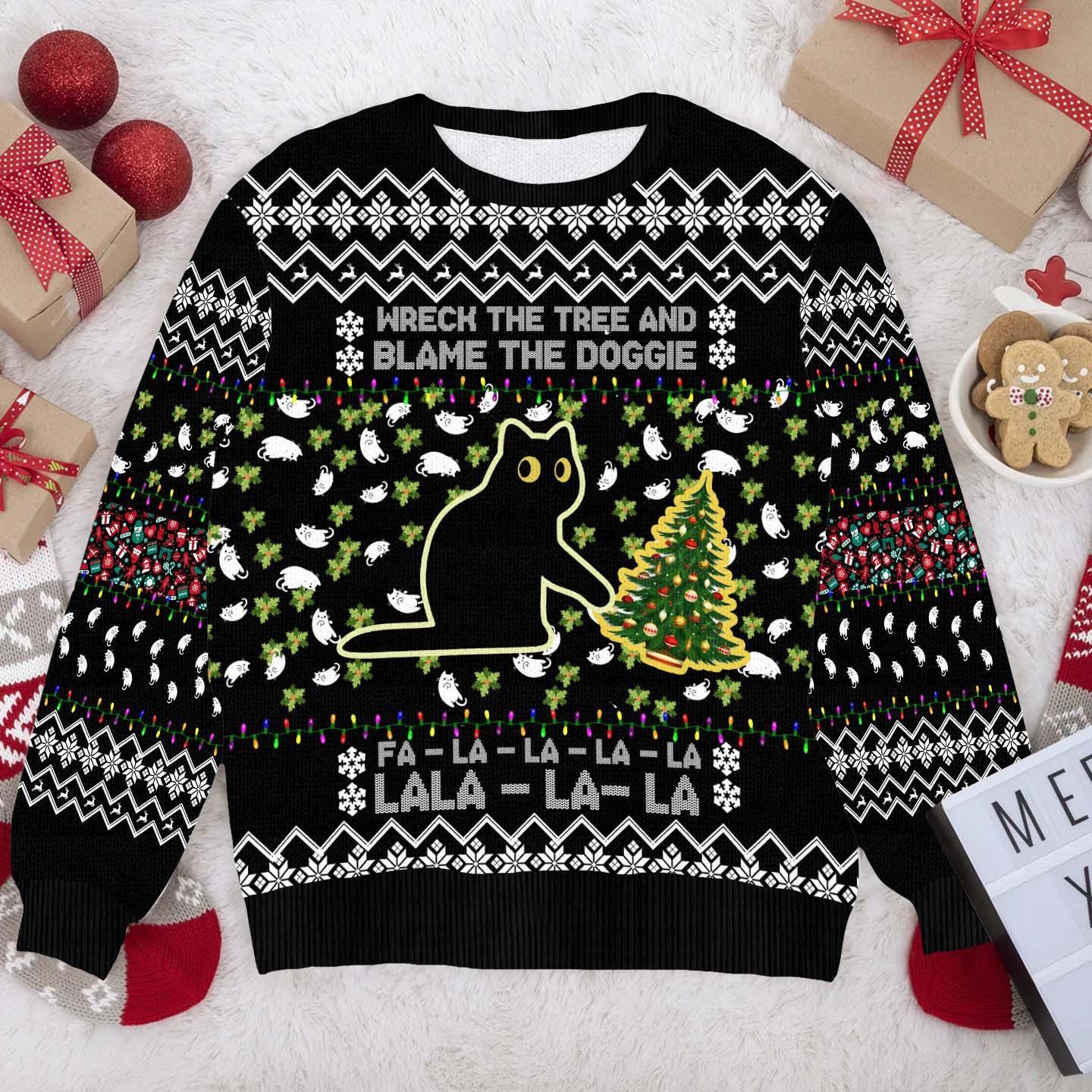 Wreck the Tree and Blame the Doggie Ugly Sweater - Funny Cat Christmas Knit - Festive Holiday Sweater for Cat Lovers and Pet Owners