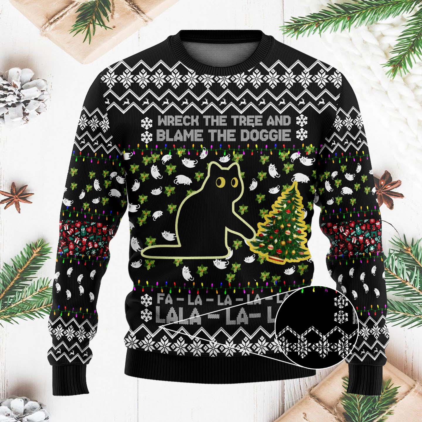 Wreck the Tree and Blame the Doggie Ugly Sweater - Funny Cat Christmas Knit - Festive Holiday Sweater for Cat Lovers and Pet Owners