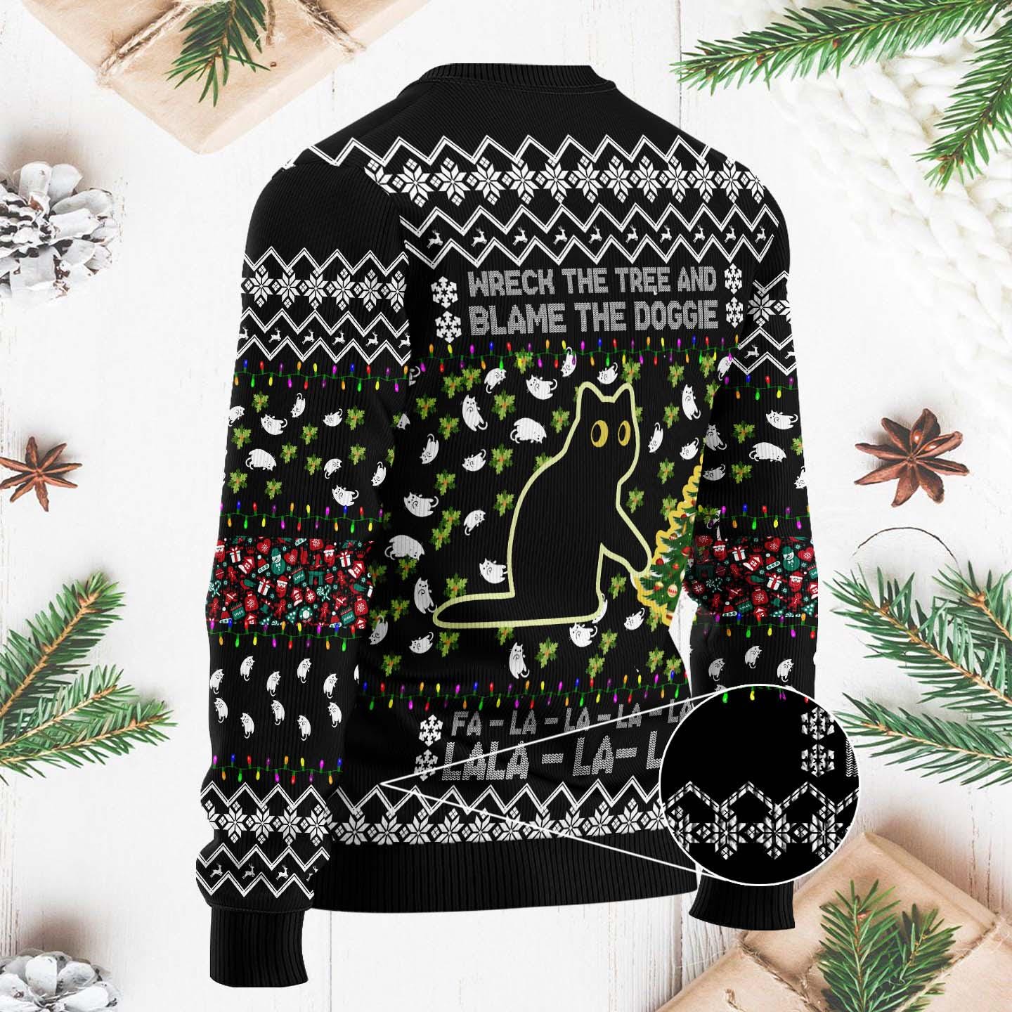 Wreck the Tree and Blame the Doggie Ugly Sweater - Funny Cat Christmas Knit - Festive Holiday Sweater for Cat Lovers and Pet Owners
