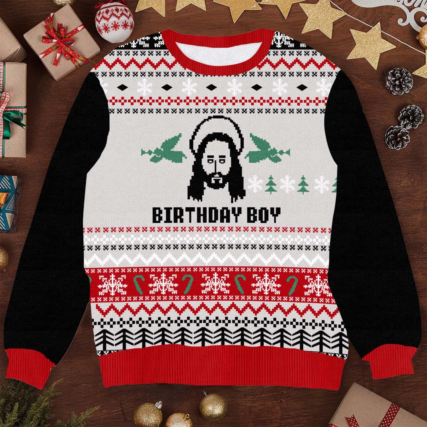Birthday Boy Jesus Ugly Christmas Sweater - Funny Religious Holiday Knit - Festive Christmas Sweater for Men Women Celebration