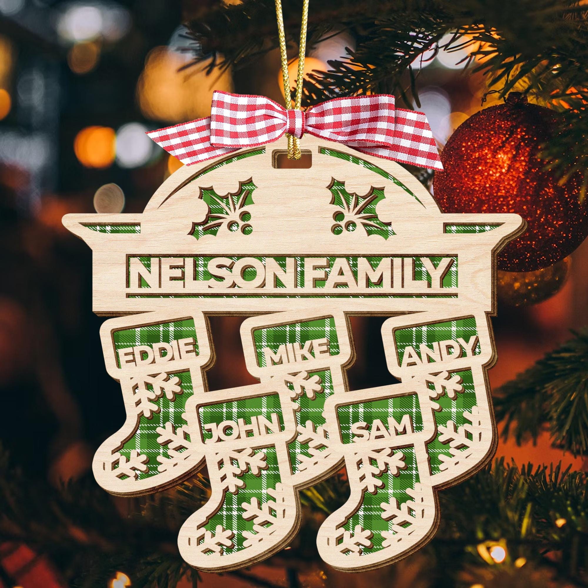 Personalized Wooden Stocking Christmas Ornaments with Names Family of 9 - Ornaments for Christmas Tree Decorations