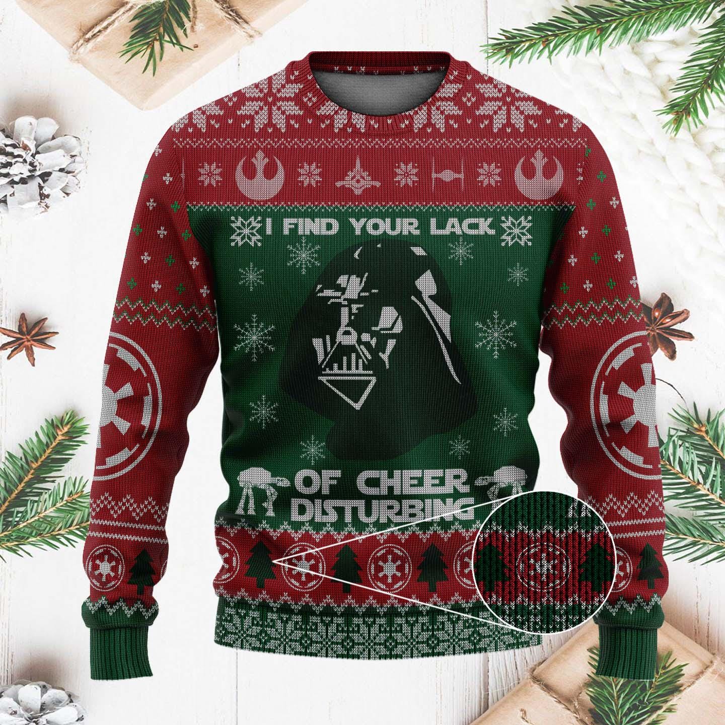Funny Star Wars Ugly Christmas Sweater - Darth Vader Holiday Knit with "Lack of Cheer" Quote