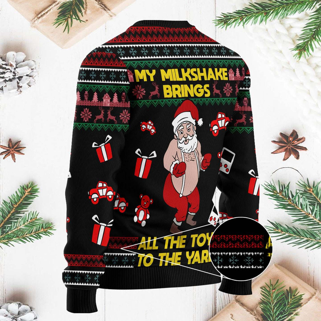 Hilarious Santa Ugly Christmas Sweater  "My Milkshake Brings All the Toys to the Yard"