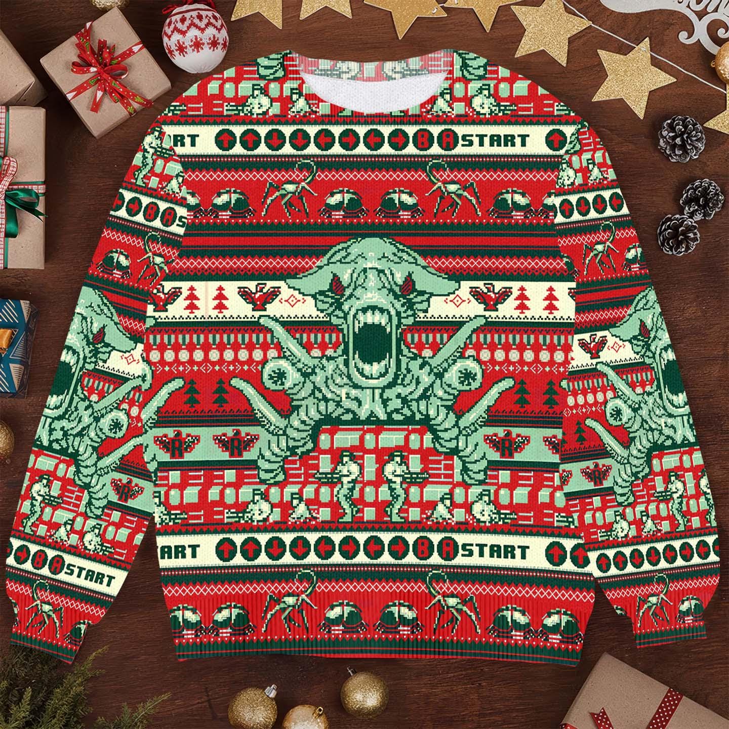 Contra Ugly Christmas Sweater - Retro Gamer Holiday Cheer, Pixel Art Design, Alien Boss, Festive Xmas Game Apparel