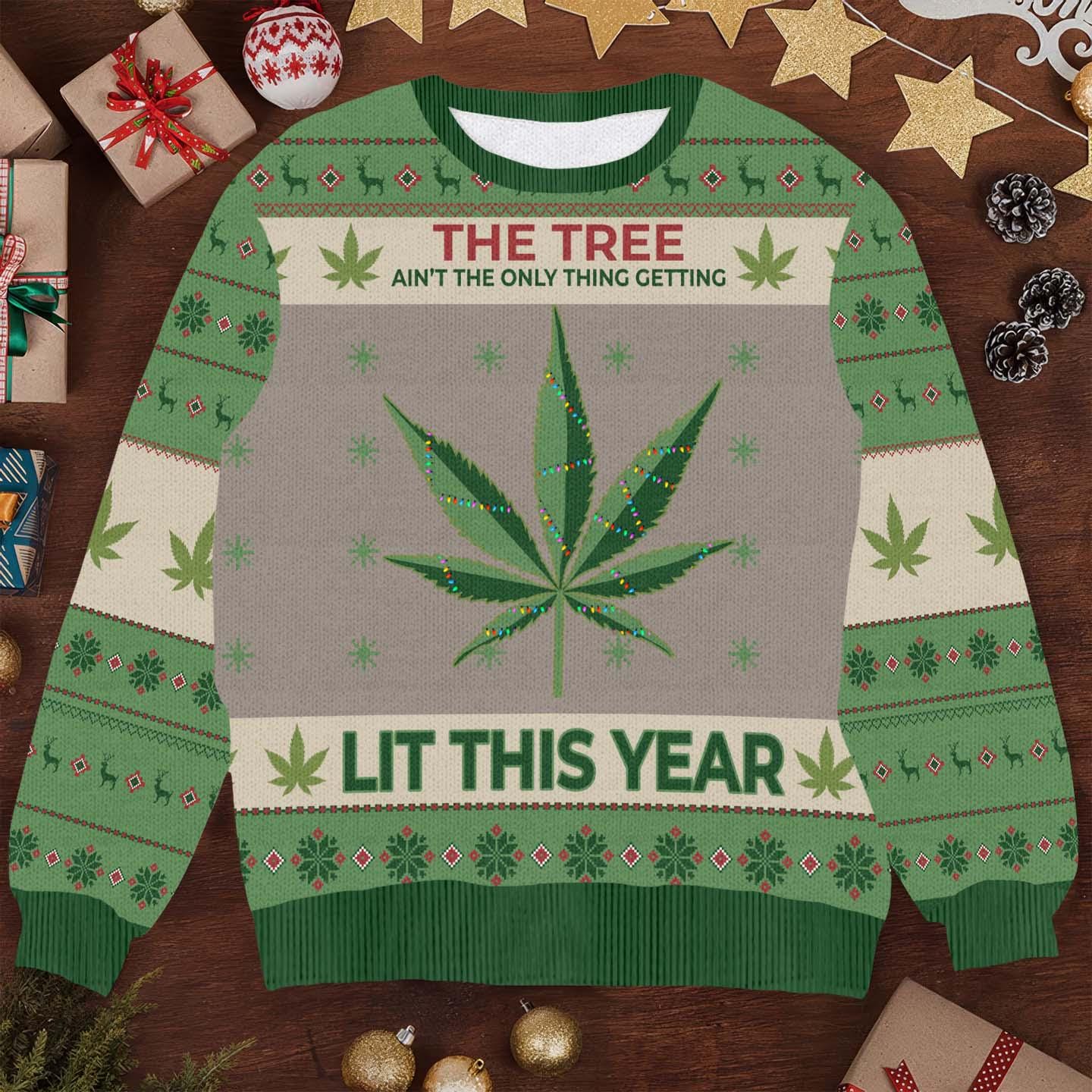 Hobby New Lit This Year Weed Ugly Christmas Sweater, Funny Cannabis Xmas Sweater, Weed Lovers Holiday Sweater