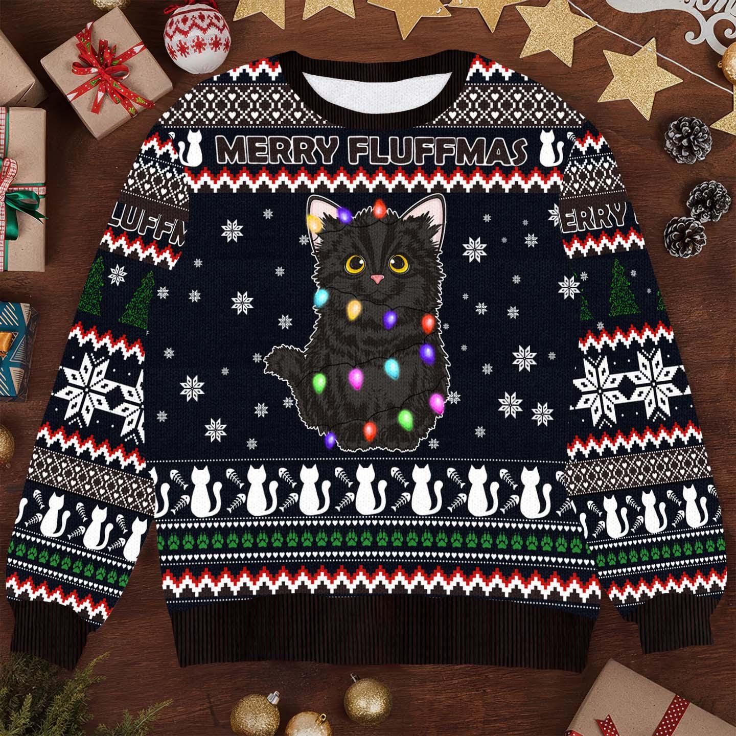 Black Cat Fluffmas Ugly Christmas Sweater, Funny Cat Xmas Sweater, Holiday Black Cat Sweater, Festive Fluffmas Sweater for Cat Lovers