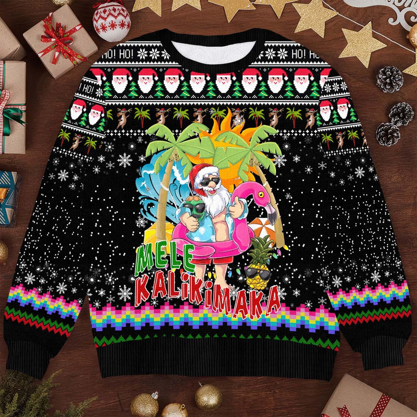 Hawaiian Santa Claus Mele Kalikimaka Ugly Christmas Sweater, Funny Hawaiian Santa Xmas Sweater,