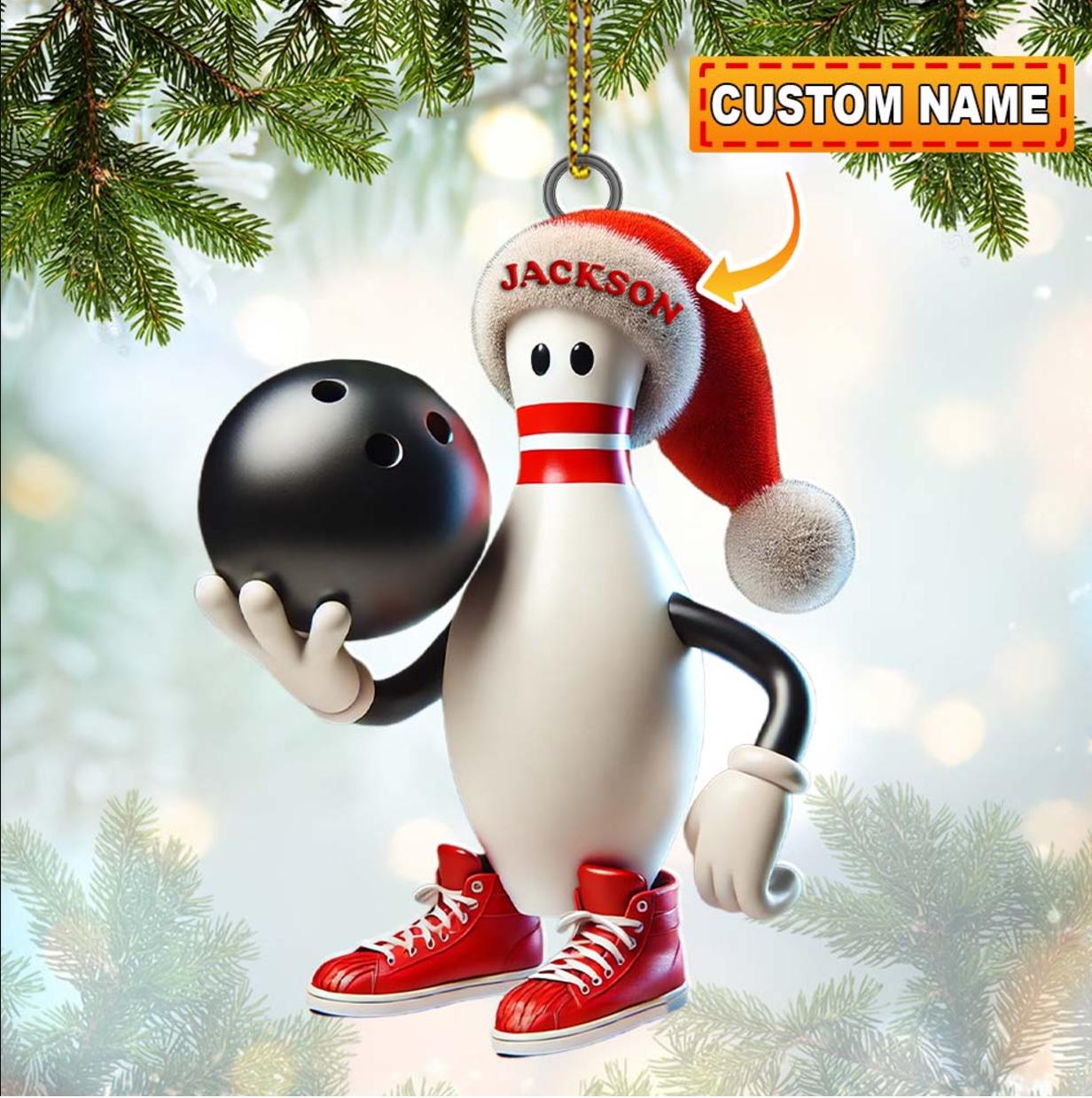 Personalized Bowling Pin Christmas Ornament with Santa Hat - Holiday Gift for Bowlers Players