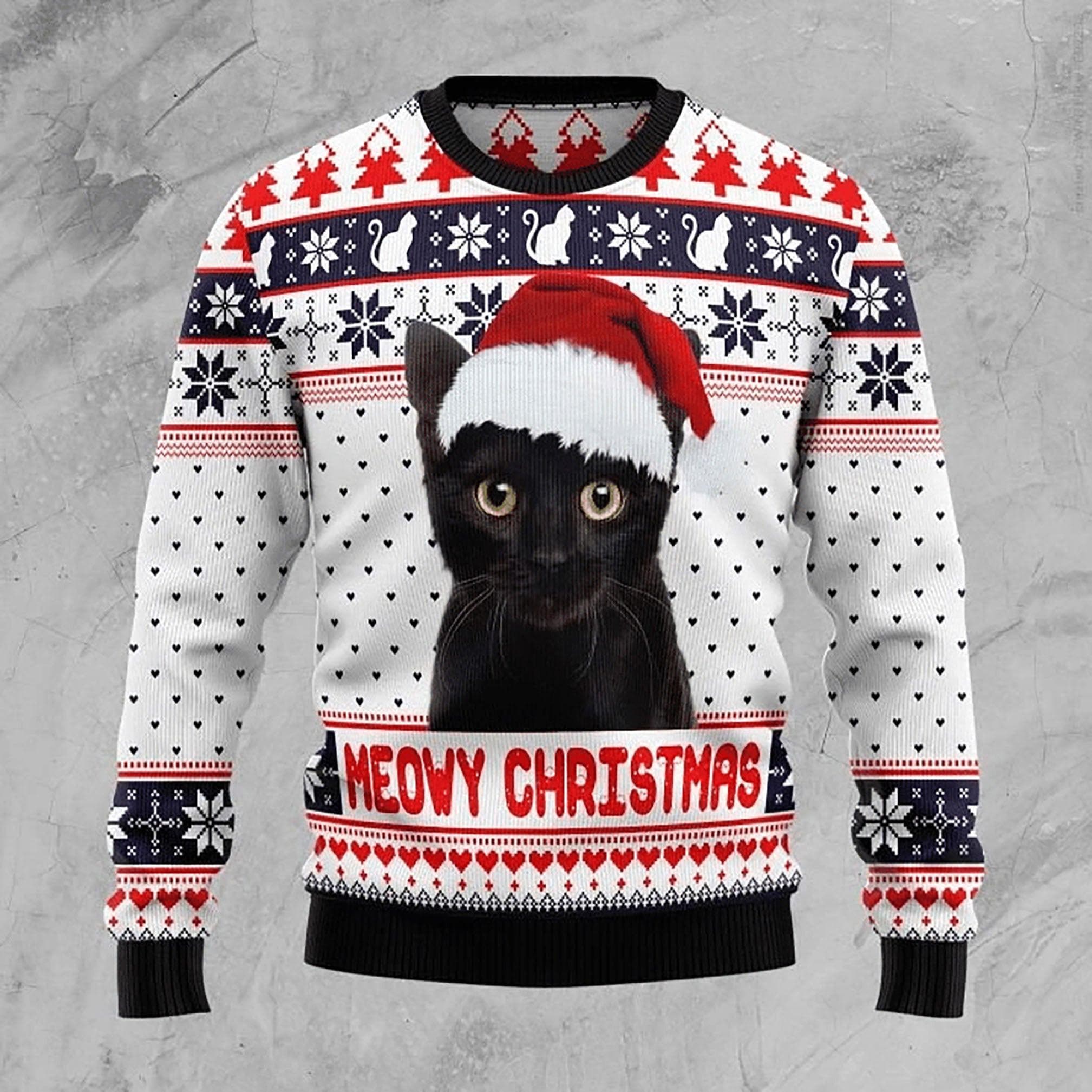 Meowy Christmas Ugly Sweater  Cute Black Cat Holiday Sweater for Cat Lovers  Festive and Funny Winter Sweater