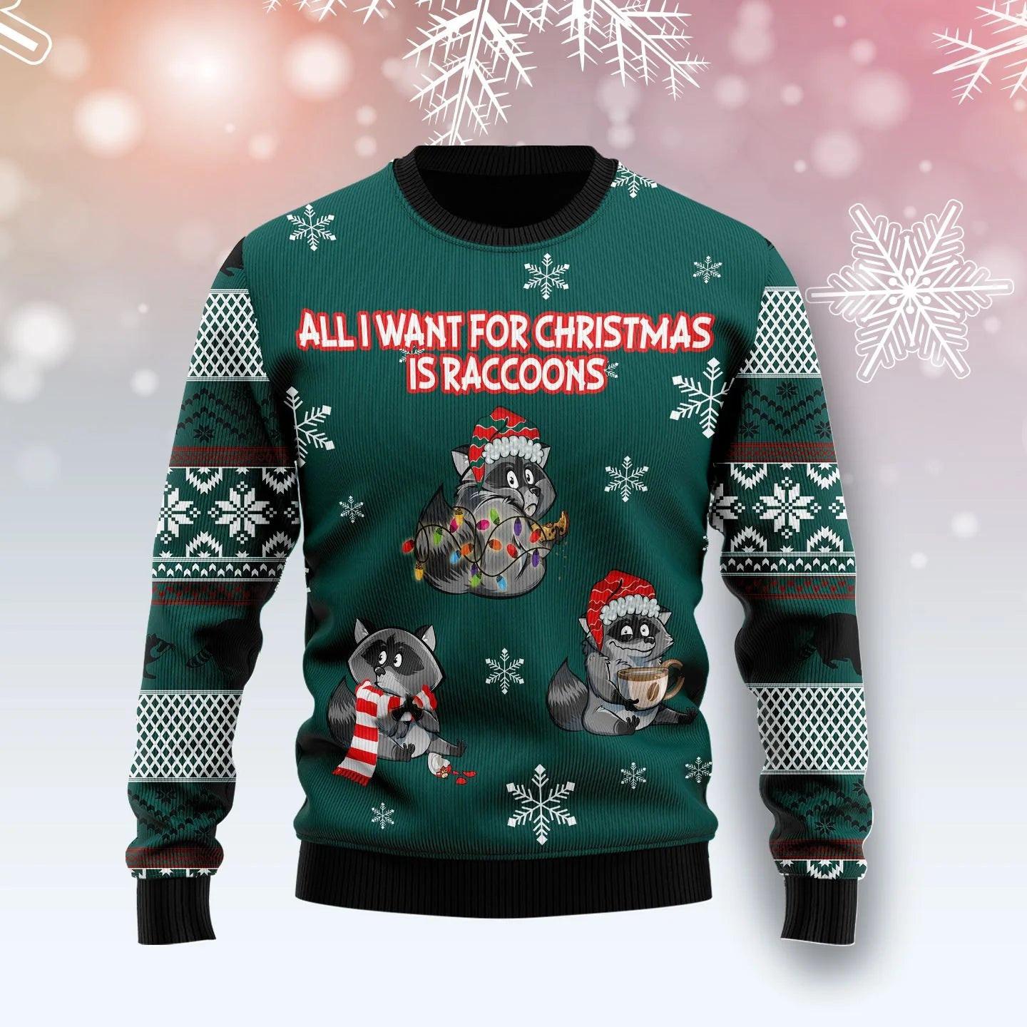 Raccoons Ugly Sweater  All I Want for Christmas is Raccoons Ugly Christmas Sweater  Cute and Funny Holiday Sweater for Animal Lovers