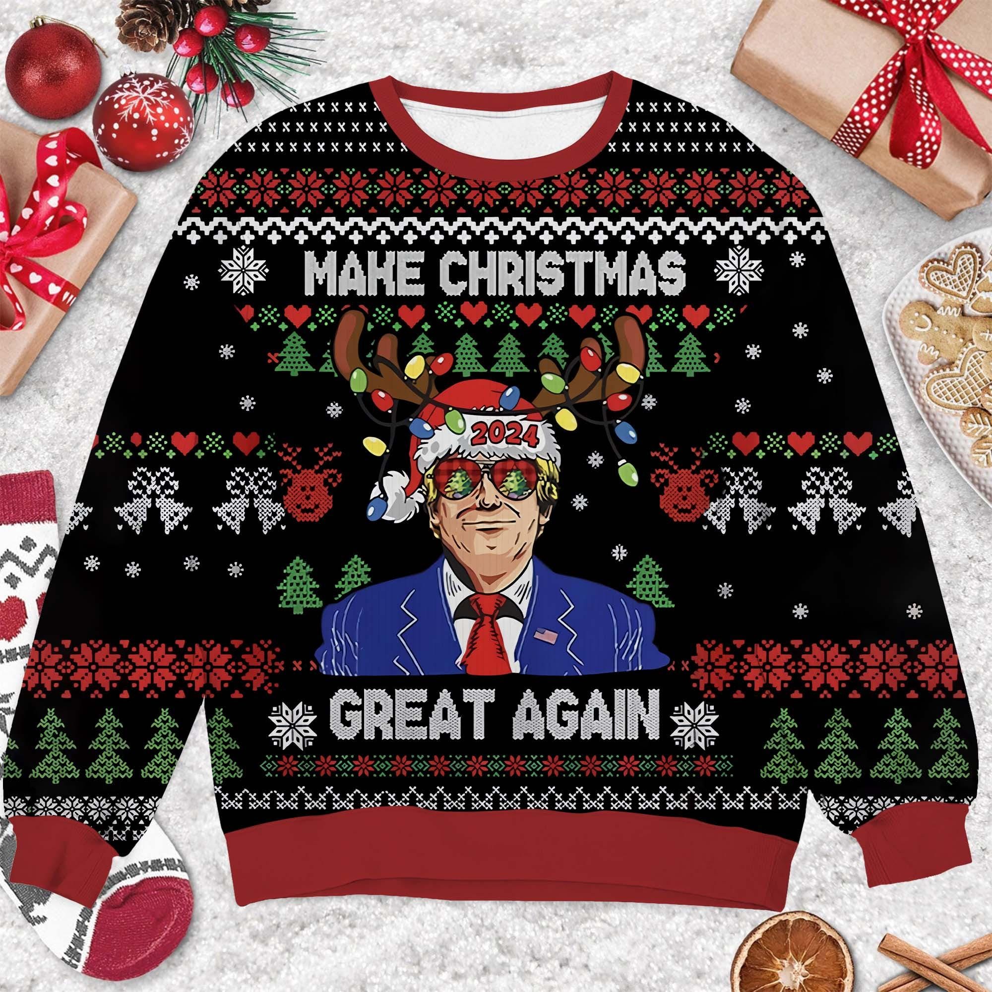 Make Christmas Great Again Ugly Sweater - Funny Trump 2024 Holiday Design - Black Knit Sweater for Festive Parties and Gag Gifts