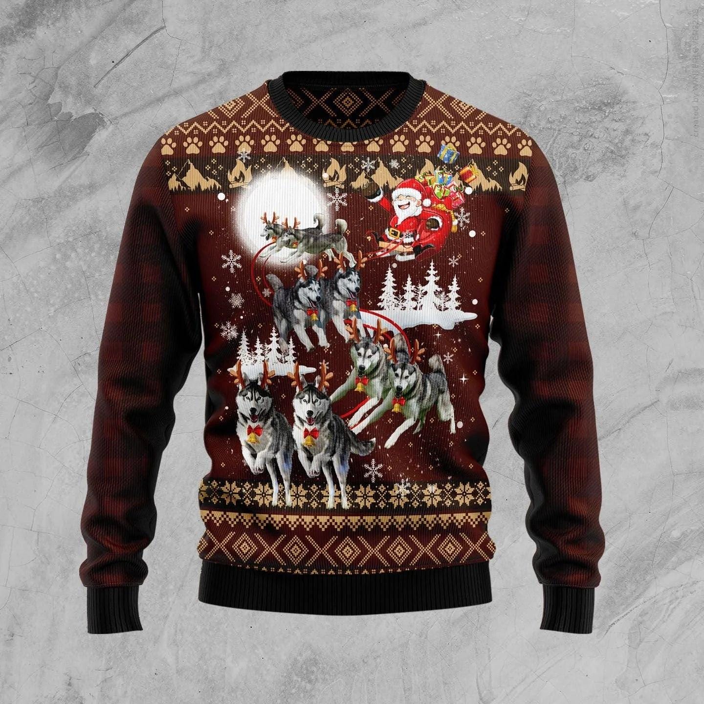 Santa Sleigh with Huskies Ugly Christmas Sweater - Festive Knit Holiday Sweater with Wolf Dog Design - Unique Winter Party Outfit