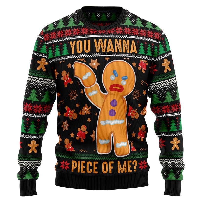 You Wanna Piece of Me Gingerbread Ugly Christmas Sweater - Funny Holiday Knit Sweater with Festive Cookie Design for Parties
