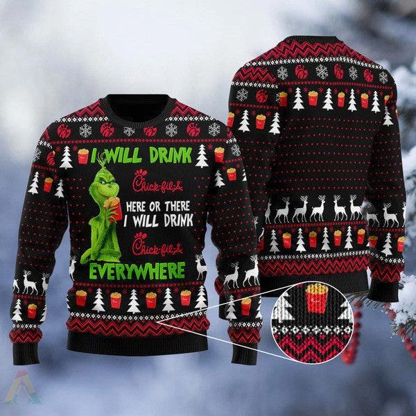 Funny Grinch Chick-fil-A Ugly Christmas Sweater - Holiday Knit Sweater with Festive Design for Parties and Chick-fil-A Lovers