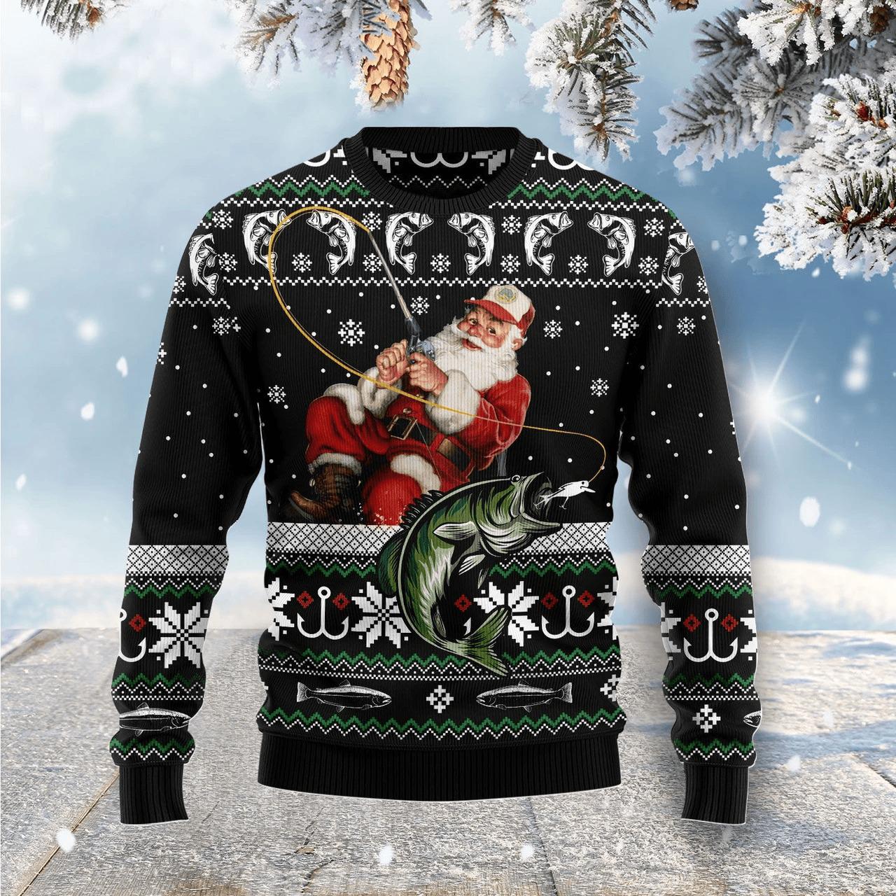 Santa Fishing Ugly Christmas Sweater - Fun Holiday Knit Sweater for Fishermen - Festive Gift for Christmas Parties and Winter Wear