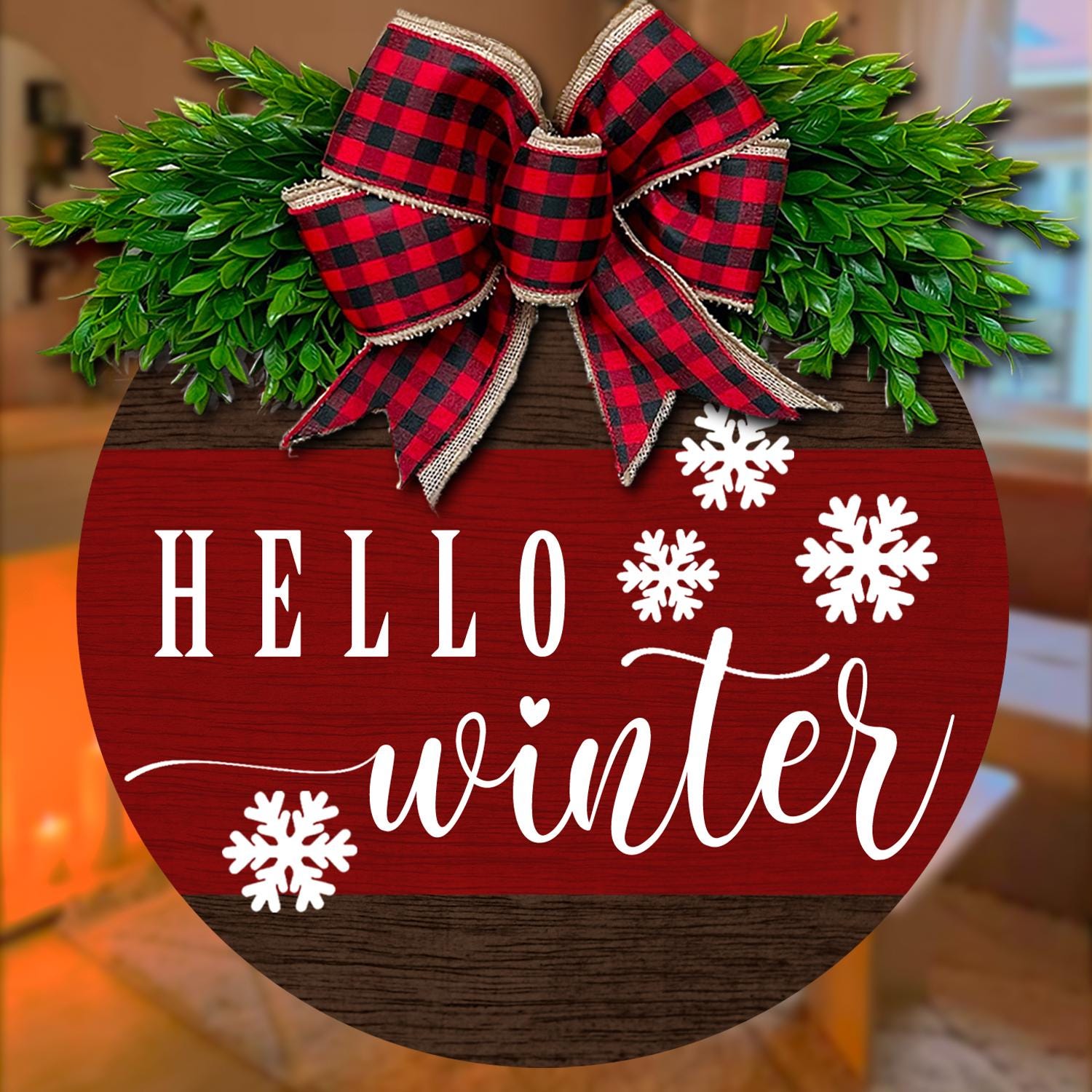 Hello Winter Door Sign, Rustic Wooden Winter Wreath, Buffalo Plaid Bow Front Door Decor, Seasonal Farmhouse Entryway Decoration