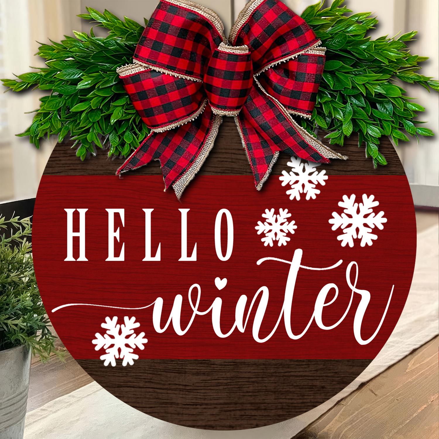 Hello Winter Door Sign, Rustic Wooden Winter Wreath, Buffalo Plaid Bow Front Door Decor, Seasonal Farmhouse Entryway Decoration