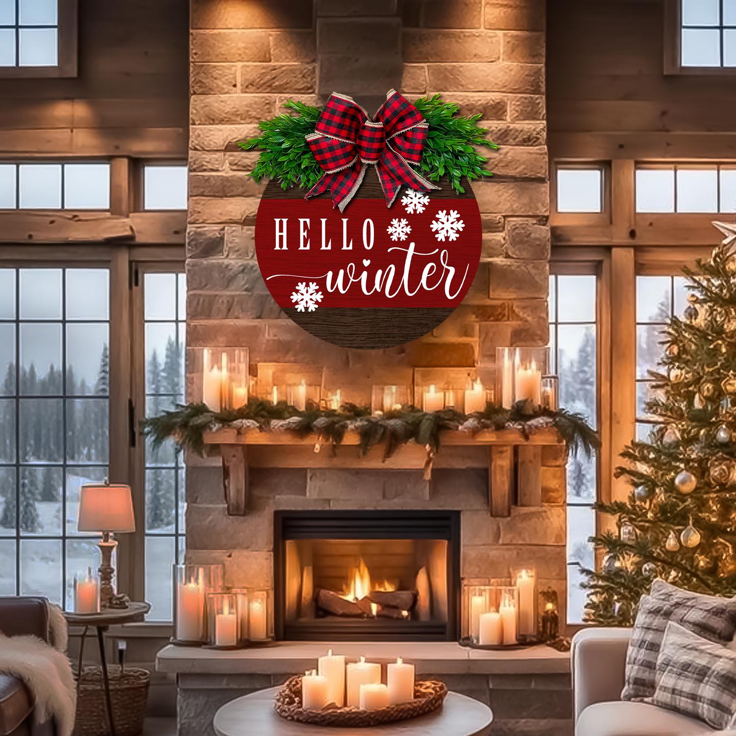 Hello Winter Door Sign, Rustic Wooden Winter Wreath, Buffalo Plaid Bow Front Door Decor, Seasonal Farmhouse Entryway Decoration