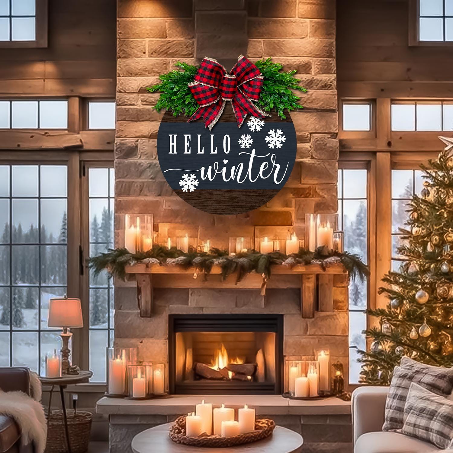Rustic Hello Winter Door Sign with Buffalo Plaid Bow  Farmhouse Holiday Wreath for Winter Decor and Seasonal Front Door Hanger