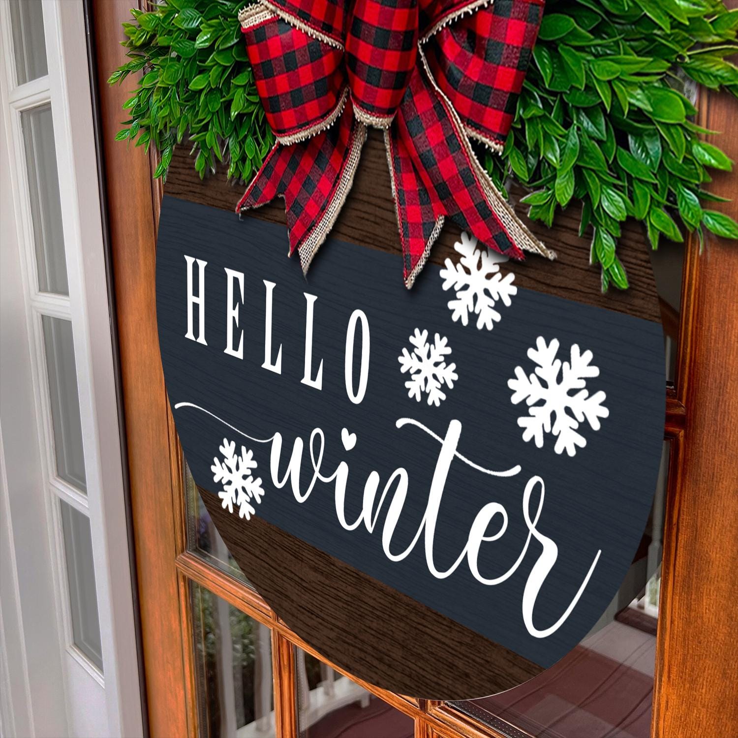 Rustic Hello Winter Door Sign with Buffalo Plaid Bow  Farmhouse Holiday Wreath for Winter Decor and Seasonal Front Door Hanger