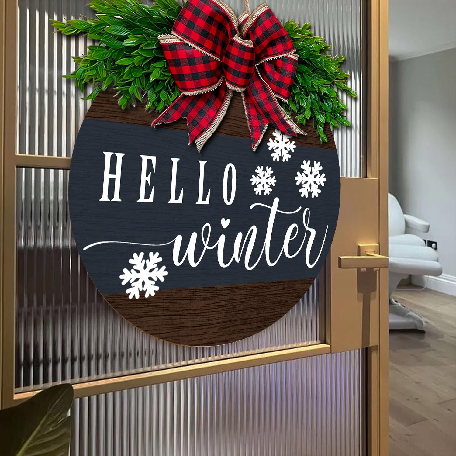 Rustic Hello Winter Door Sign with Buffalo Plaid Bow  Farmhouse Holiday Wreath for Winter Decor and Seasonal Front Door Hanger