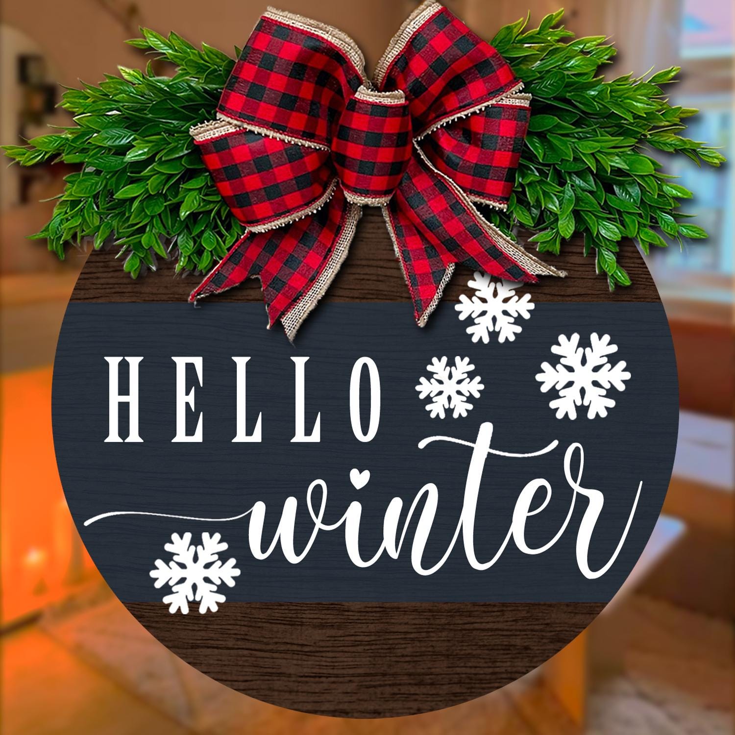 Rustic Hello Winter Door Sign with Buffalo Plaid Bow  Farmhouse Holiday Wreath for Winter Decor and Seasonal Front Door Hanger