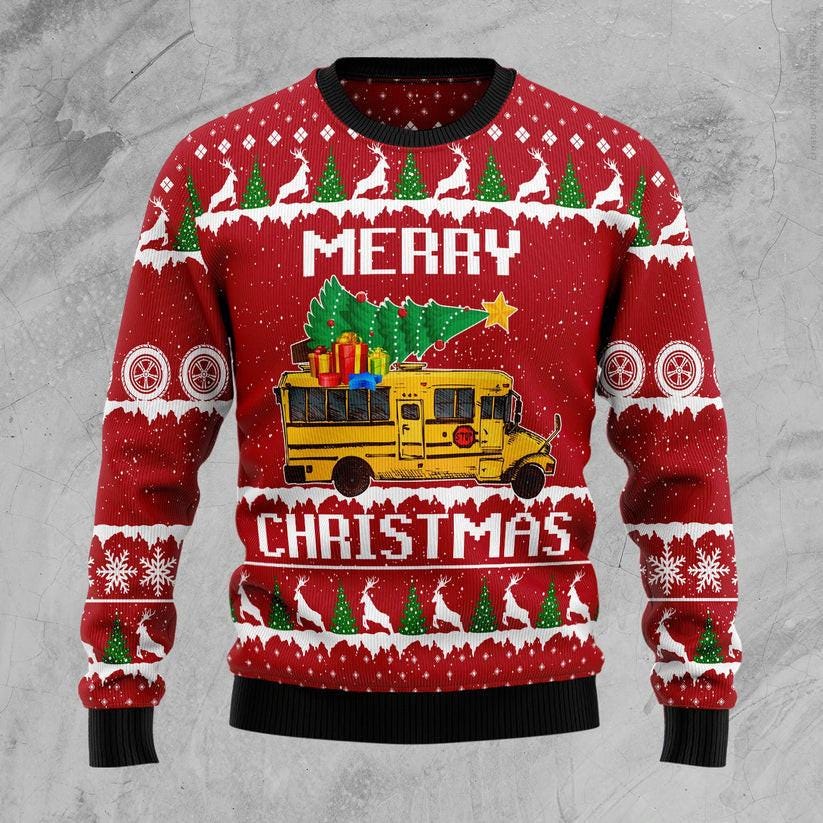 Merry Christmas School Bus Ugly Sweater - Festive Holiday Sweater with Christmas Tree and Gifts - Funny Ugly Xmas Sweatshirt