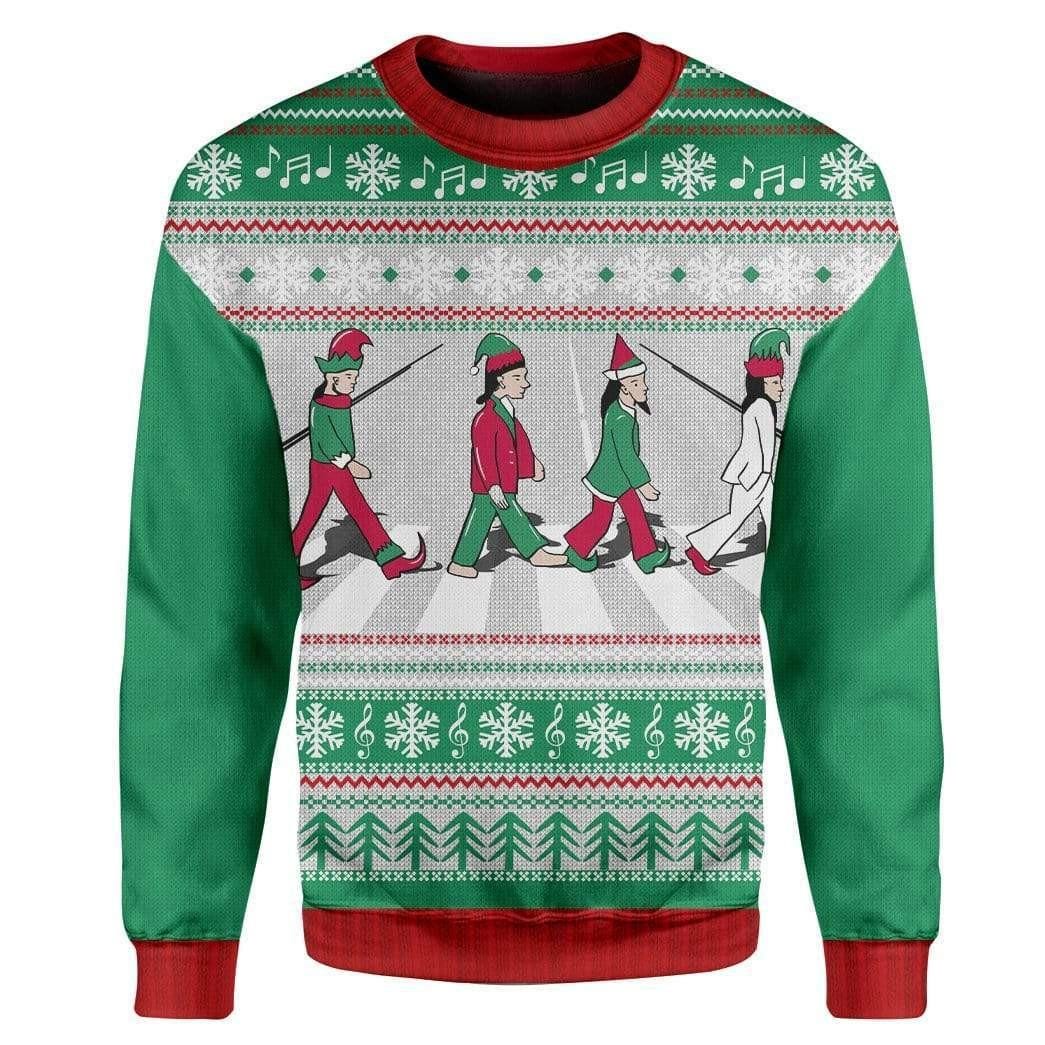 Funny Elf Abbey Road Ugly Christmas Sweater - Festive Music-Inspired Holiday Jumper - Christmas Sweater for Music Lovers