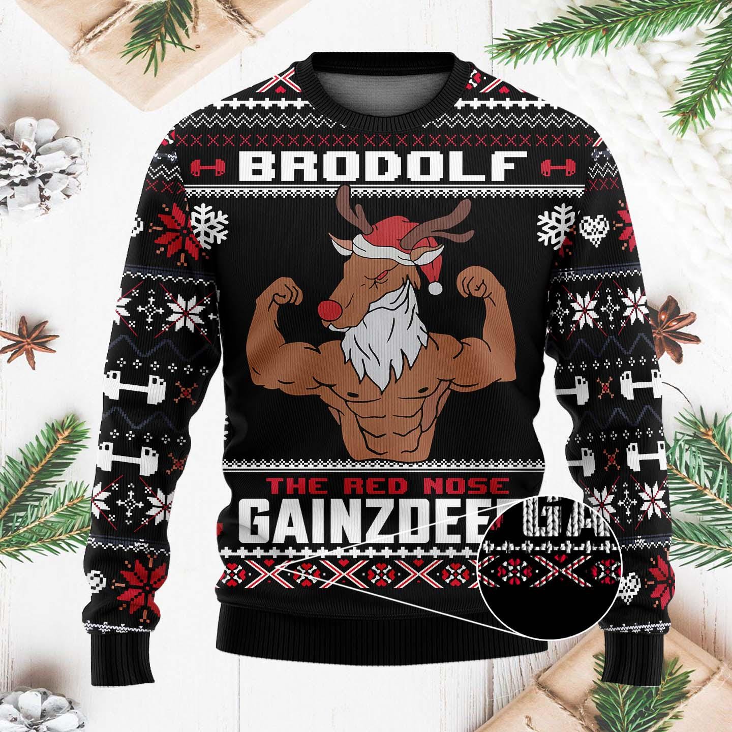 Funny Brodolf Gym Christmas Sweater - Red Nose Gainzdeer Holiday Pullover - Ugly Xmas Sweater for Hunt lover