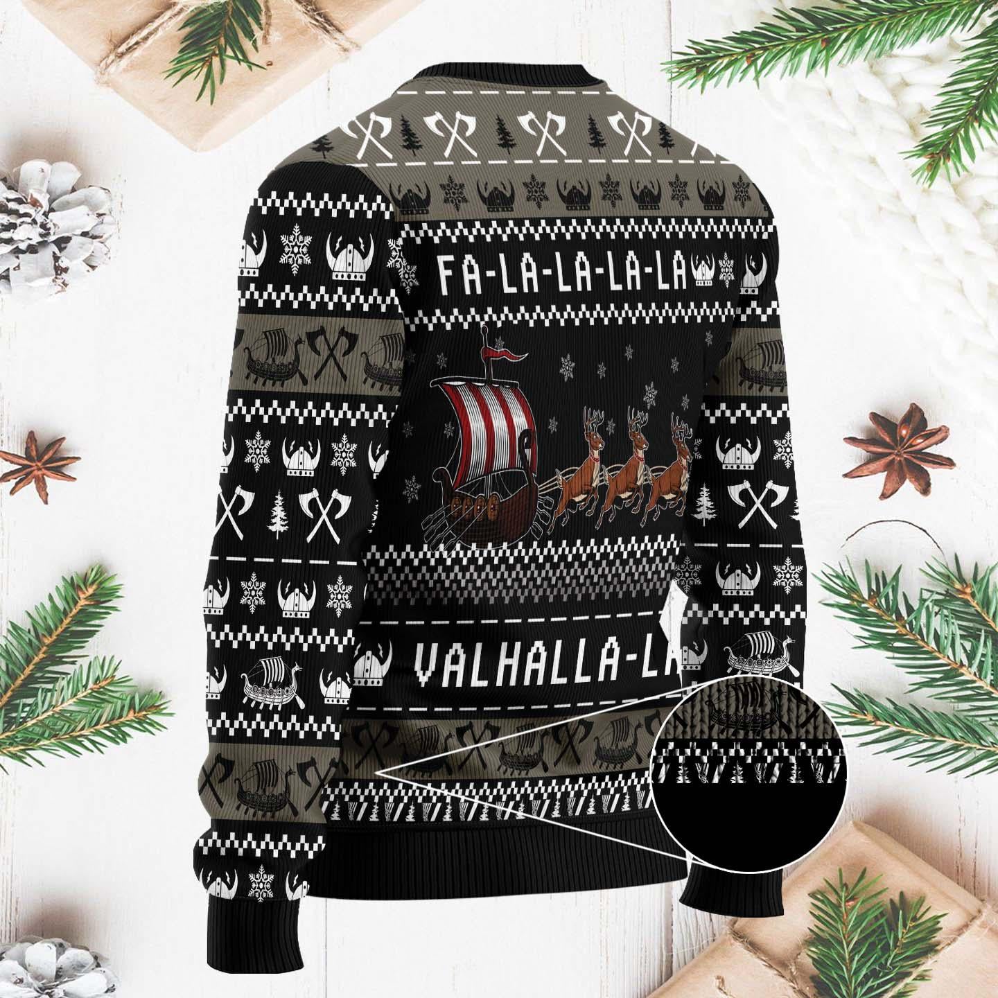 Viking Christmas Sweater - Funny Valhalla-la-la Ugly Xmas Sweater - Norse Holiday Pullover with Reindeer and Viking Ship