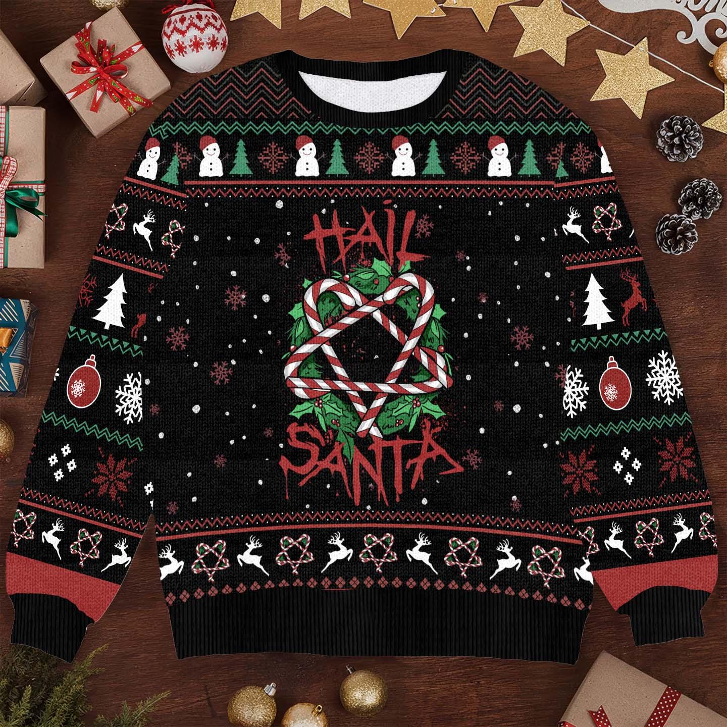Funny Hail Santa Christmas Sweater - Candy Cane Wreath Ugly Xmas Sweater - Dark Festive Holiday Pullover for Christmas Parties