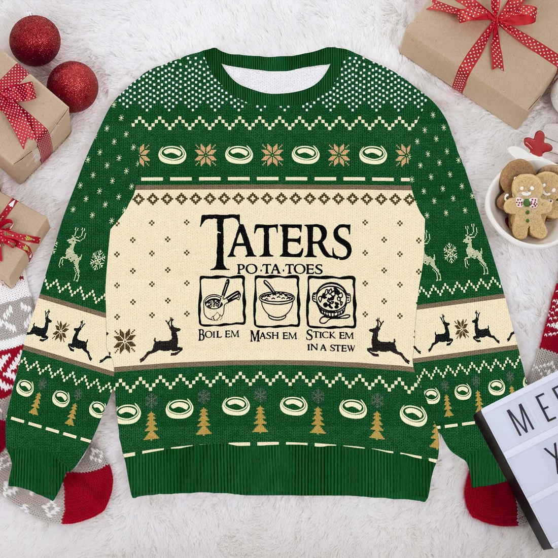 Funny Taters Po-ta-toes Christmas Sweater - Boil 'Em, Mash 'Em, Stick 'Em in a Stew Ugly Xmas Sweater for Fans
