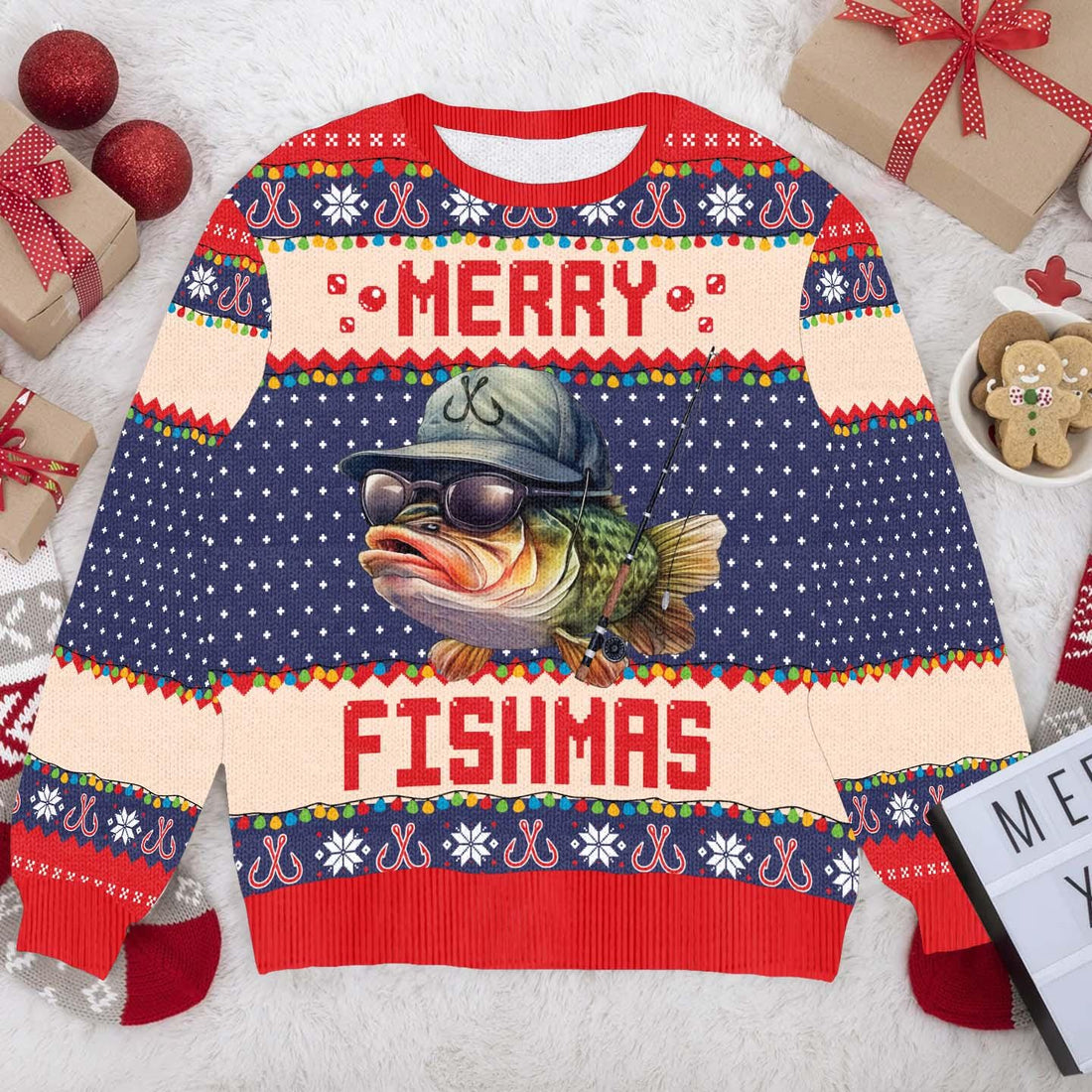 Merry Fishmas Christmas Sweater - Funny Fishing Holiday Ugly Xmas Sweater - Perfect Gift for Fishermen and Anglers