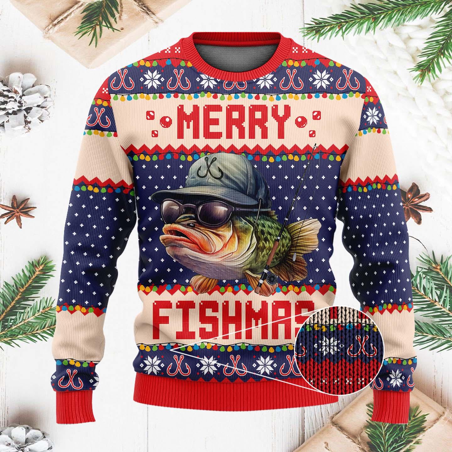 Merry Fishmas Christmas Sweater - Funny Fishing Holiday Ugly Xmas Sweater - Perfect Gift for Fishermen and Anglers