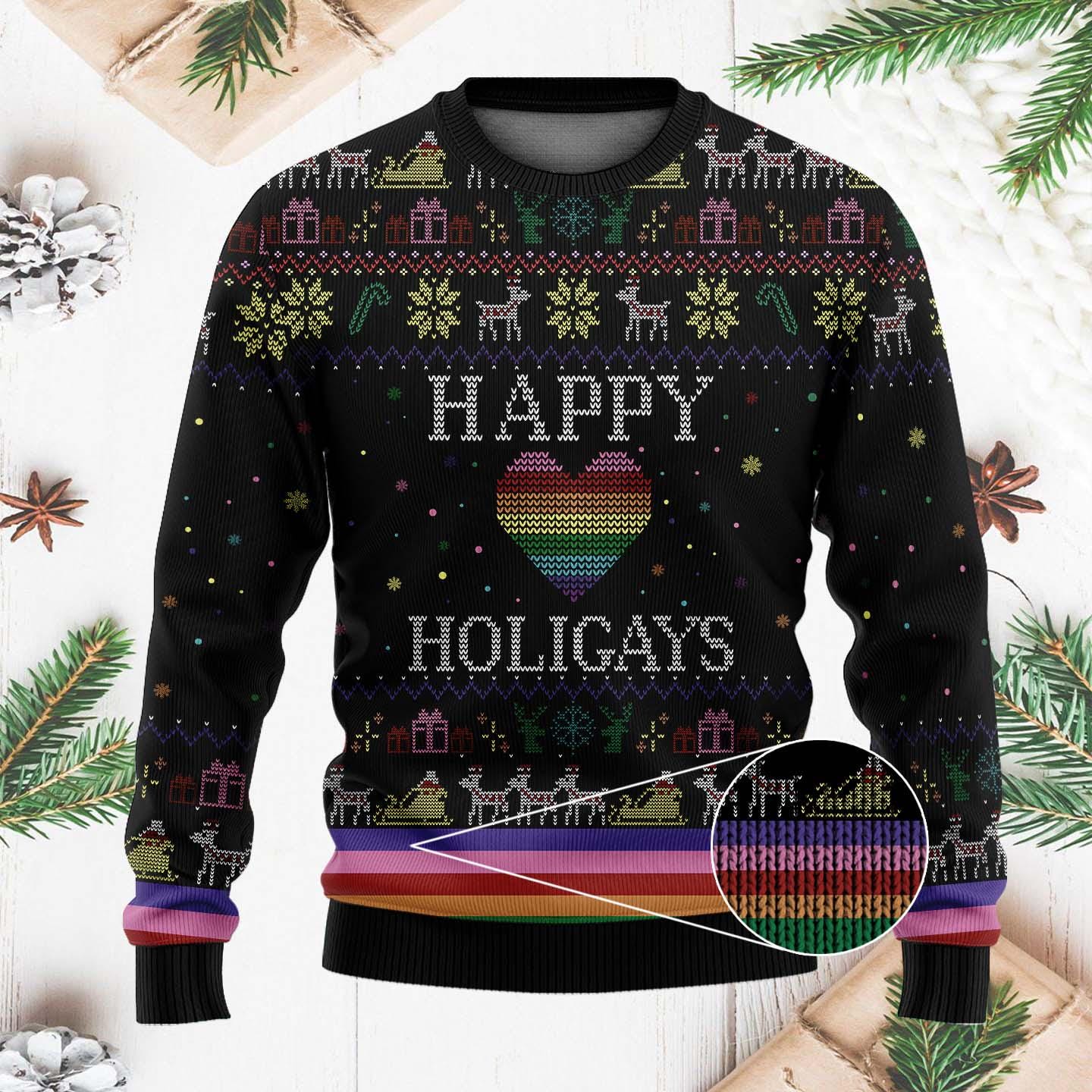 Happy Holigays Christmas Sweater - Funny LGBTQ+ Pride Ugly Xmas Sweater - Festive Holiday Pullover with Rainbow