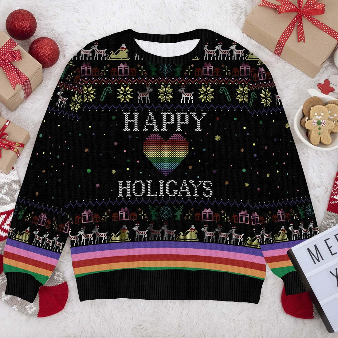 Happy Holigays Christmas Sweater - Funny LGBTQ+ Pride Ugly Xmas Sweater - Festive Holiday Pullover with Rainbow