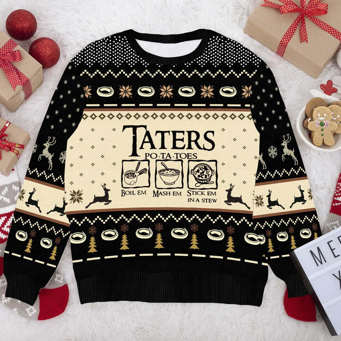 Funny Taters Po-ta-toes Christmas Sweater - Boil 'Em, Mash 'Em, Stick 'Em in a Stew Ugly Xmas Sweater for Fans