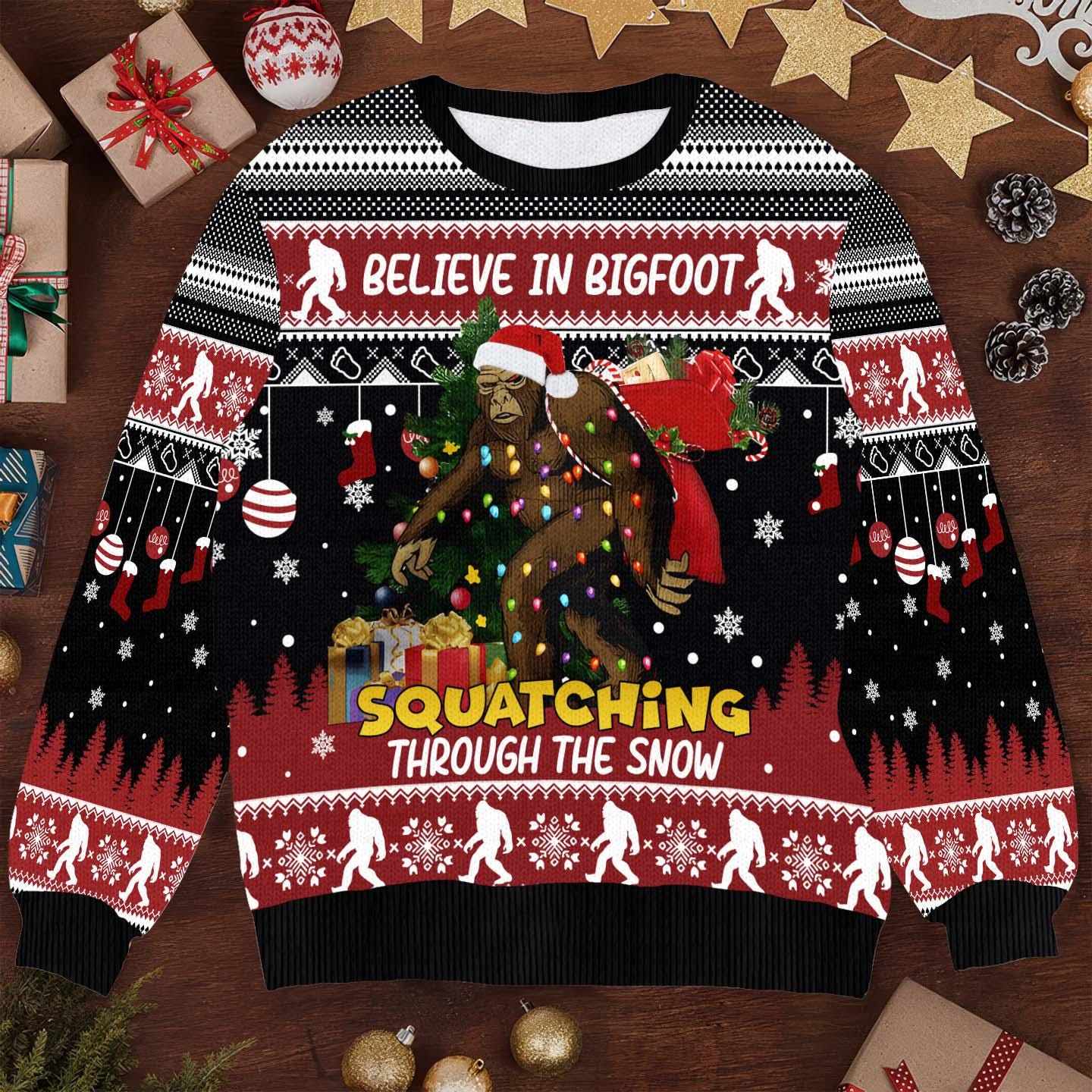 Believe In Bigfoot Christmas Ugly Sweatshirt - Funny Squatching Through The Snow Ugly Xmas Sweater - Holiday Pullover for Sasquatch Fans