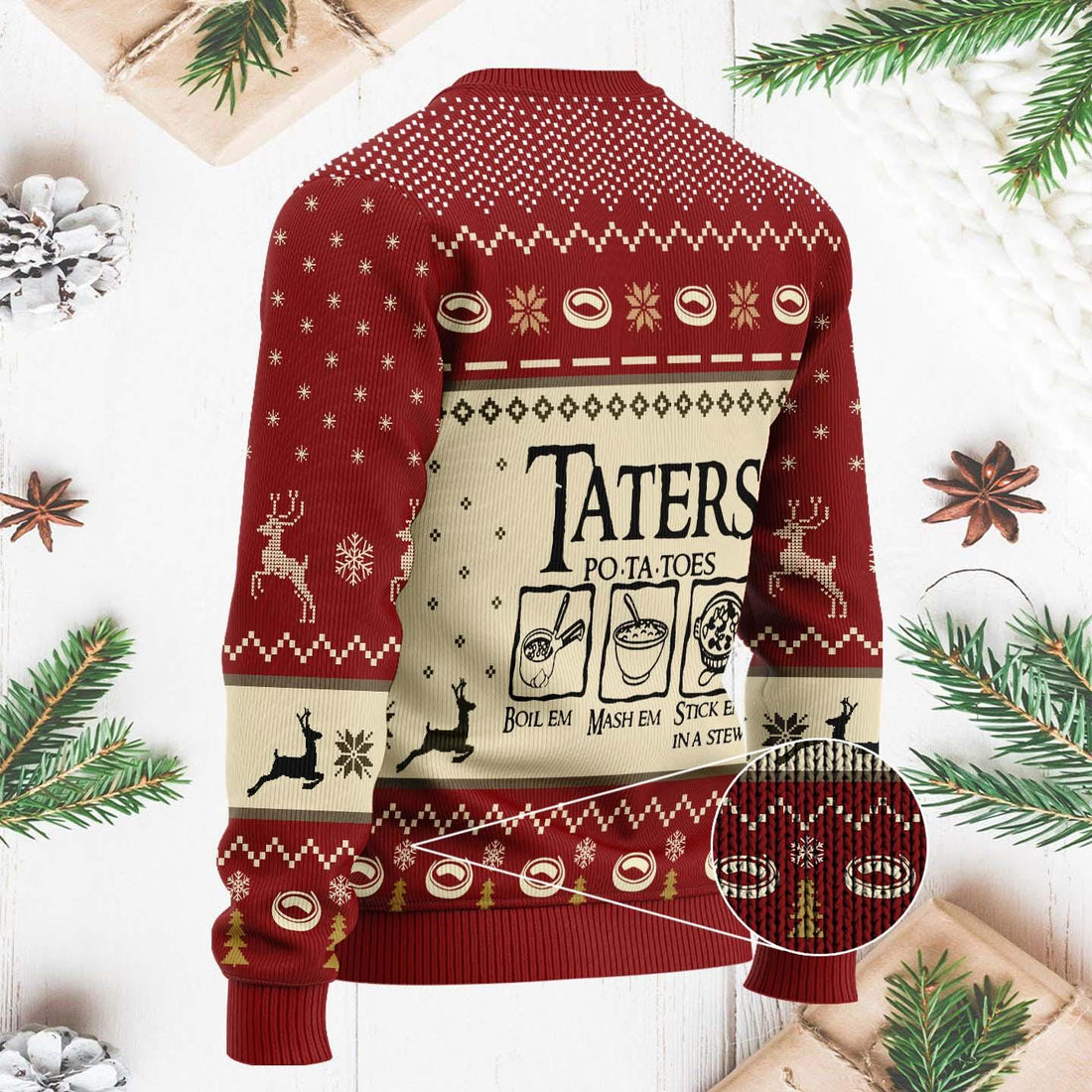 Funny Taters Ugly Christmas Sweater - Lord of the Rings Inspired Holiday Sweater - Boil Em Mash Em Stick Em in a Stew Gift Knit